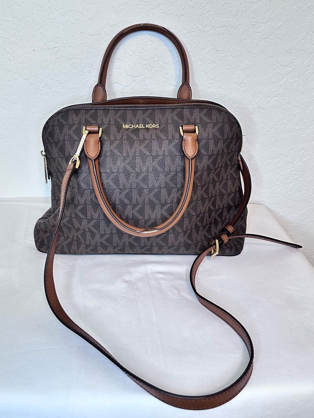 Michael Kors Jet Set Travel Large Satchel Brown MK Signature PVC Leather Trim